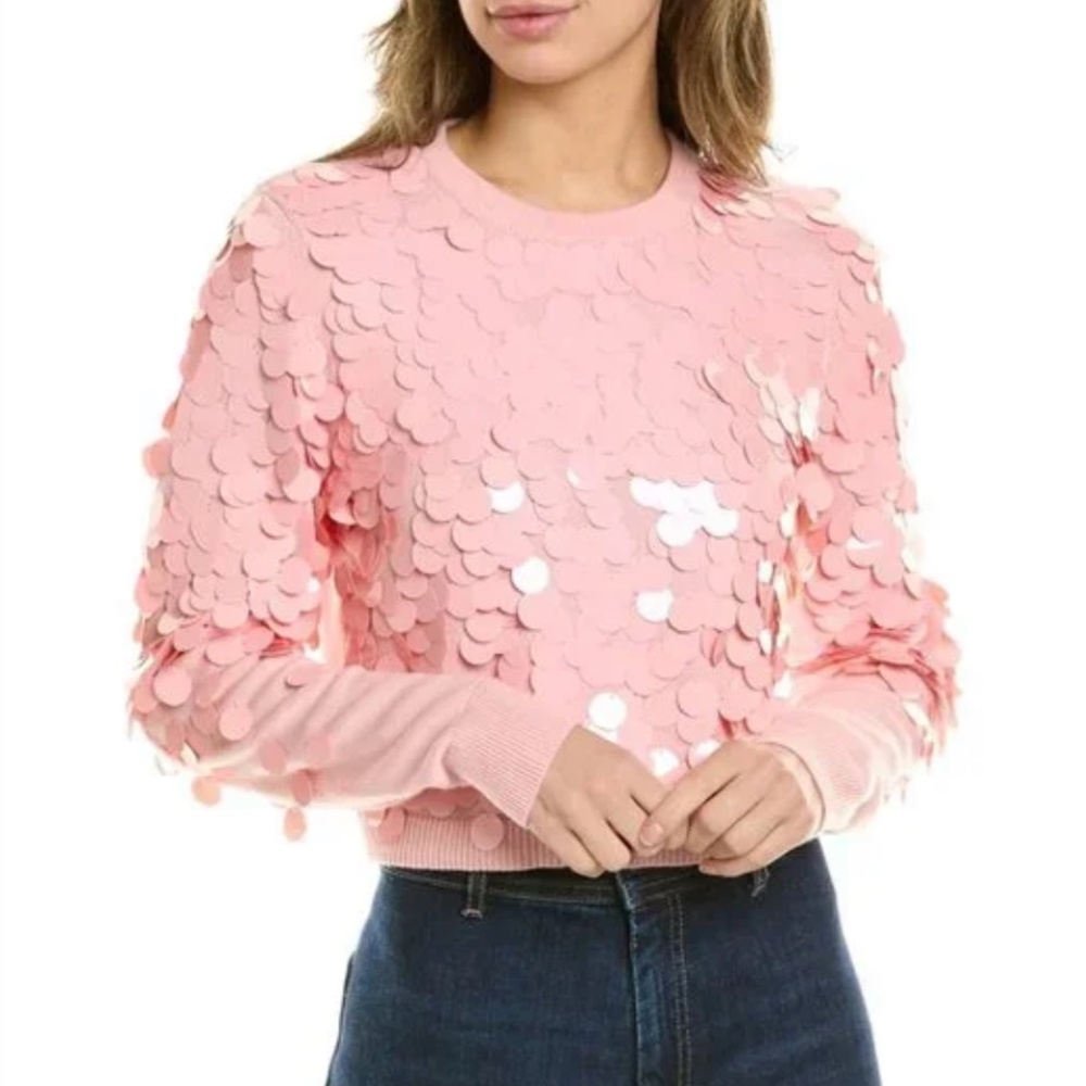 NEW Alice + Olivia Delfina Wool Pink Sequin Cropped Knit Wool Sweater XS